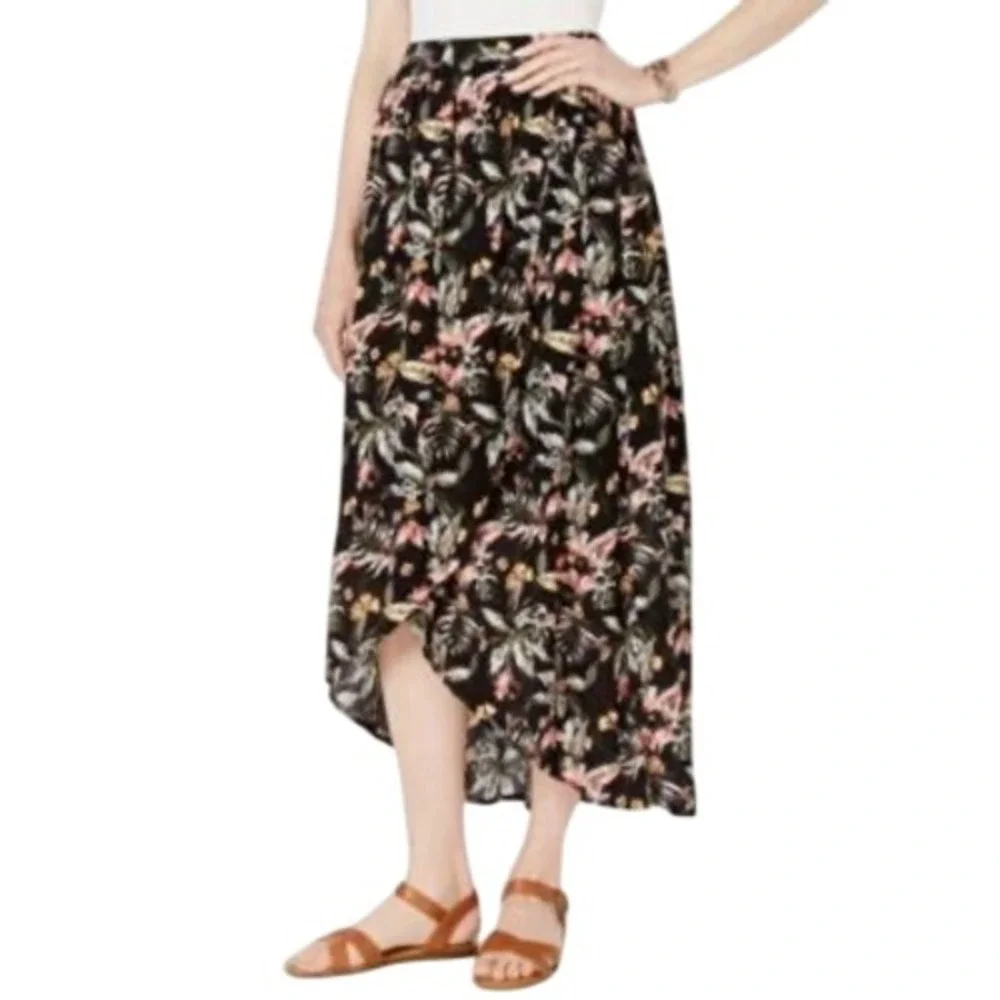 424. Style & Co Women's Black Floral Hi-Lo Below Knee Skirt Size Large Floral